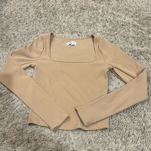 Hollister Ribbed Square Neck Long Sleeve Top - Tan